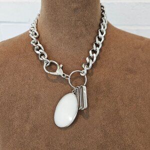 Silvertone Chunky Chain Necklace with Charm and Stone Pendant 17"